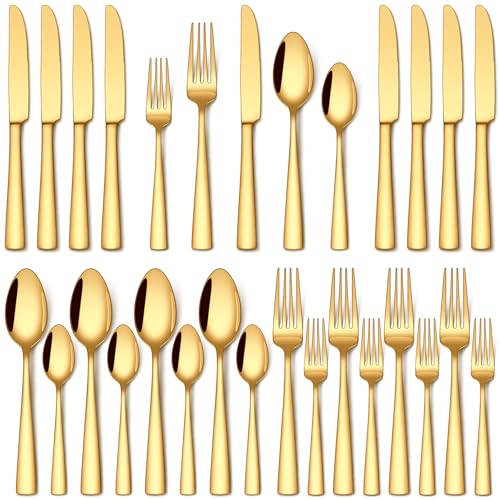 Stapava 20 Pcs Gold Silverware Set, Food-Grade Stainless Steel Flatware Sets for 4 Mirror Polished Cutlery Utensil Sets Include Dinner Knives Spoons and Forks Set Dishwasher Safe for Home Restaurant