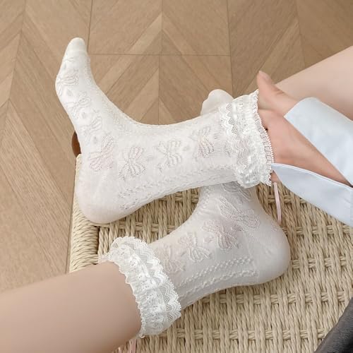 CAT KO Women Lace Ruffle Socks Cute Cotton Bow Socks Princess Girl Ankle Socks for Lolita 2 Pack2