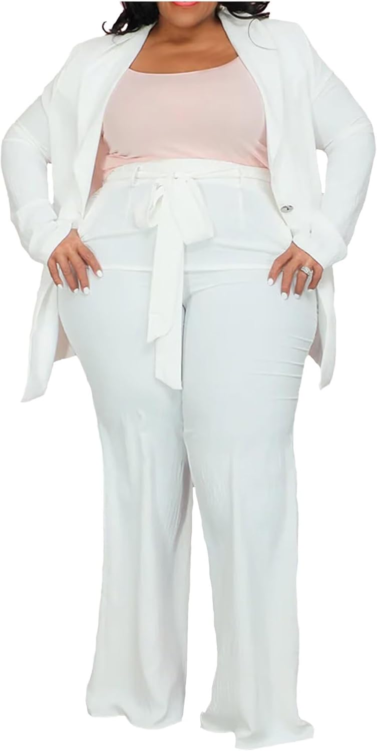 IyMoo Plus Size Suits for Women Business Open Front Long Sleeve Blazer Elastic Waist Solid Straight Leg Pant Set Suits