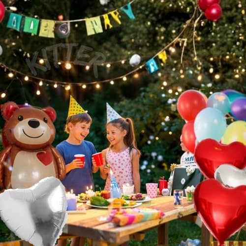Image of KITTER Bear Theme Birthday Party Decoration Kit, Birthday Decor Foil Balloons Set for Boys Girls Kids, Set of 5 Pieces | Includes 1 Big Bear, 2 Red Hearts & 2 Silver /Chrome Colour Foil Balloons