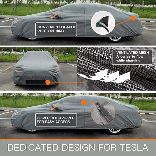 Image of Kayme Heavy Duty Car Cover Waterproof All Weather, Custom Fit for Tesla Model S, Outdoor Full Exterior Cover with Charging Port and Breathable Ventilation Mesh, Sun and Rain Protection.