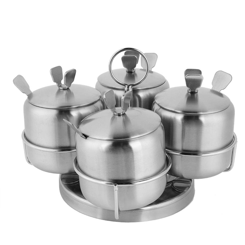 Barattoli di spezie, Barattoli di spezie rotanti in acciaio inossidabile per sale Spezie Pentola Quattro bottiglie di condimento con cucchiaio, Coperchio per cucina.