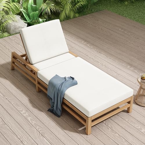 VilroCaz Acacia Wood Outdoor Patio Chaise Lounge Chair All Weather Recliner Chair with Thick Cushions and 5-Position Adjustable Backrest for Pool Balcony& Garden (Light Teak-1R)