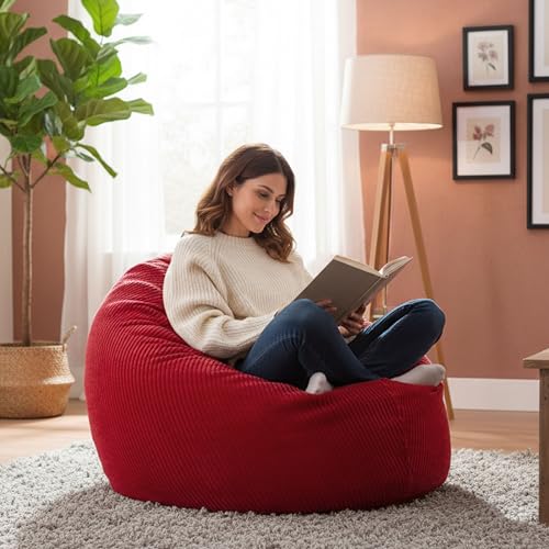 LiveDeco: Puf Pera de Terciopelo Rojo Acanalado