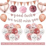 Banderines de oro rosa con texto en inglés "We Will Miss You", banderines de buena suerte, globos de confeti, pompones de papel, decoraciones de jubilación para mujeres, colegas de oficina