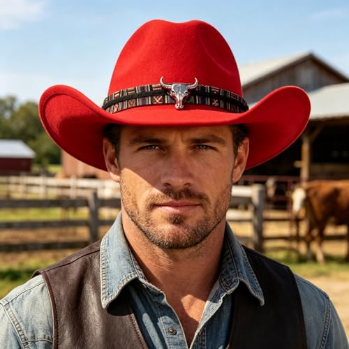 Image of Women Men Faux Felt Western Cowboy Hat with Ox Head Belt Buckle Mexican Cowgirl Wool Hat Newsboy Top Cap Wide Brim Fedora