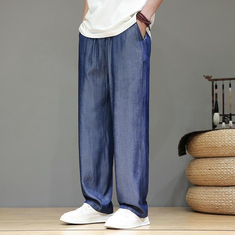 Men's Summer Traditional Trendy Ice Silk Chinese Style Straight Floor-Length Casual Long Pants4