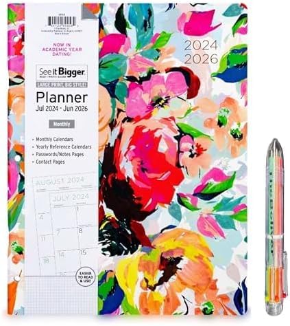 January 2025 - December 2026 Monthly Planner, Specialized Large Print, Size 8.5'' X 11'', Assorted Covers, and Ballpoint Stylus Pen.