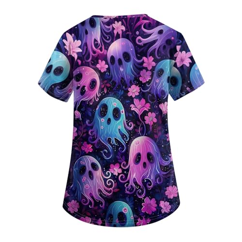 OIOLOYJM Halloween Christmas Scrub Tops Women Print V Neck Short Sleeve Plus Size Scrubs for Womens Shirts with Pockets