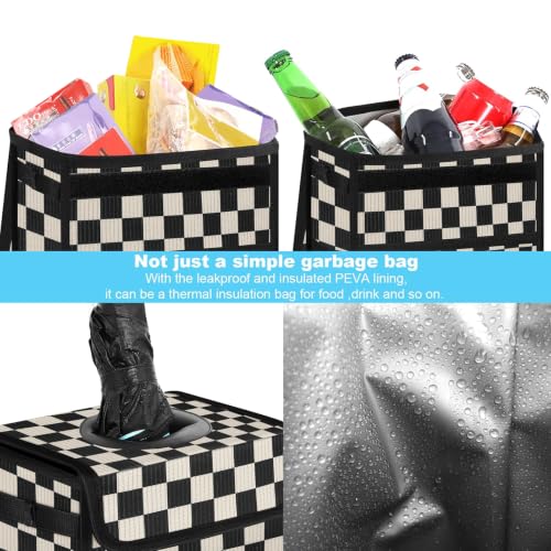 Image of Femuar Leak Proof Car Trash Can with Lid, Collapsible Hanging Waterproof Car Trash Bag with Mesh Pocket for SUV Front Seat Headrest, Large /Black White Plaid