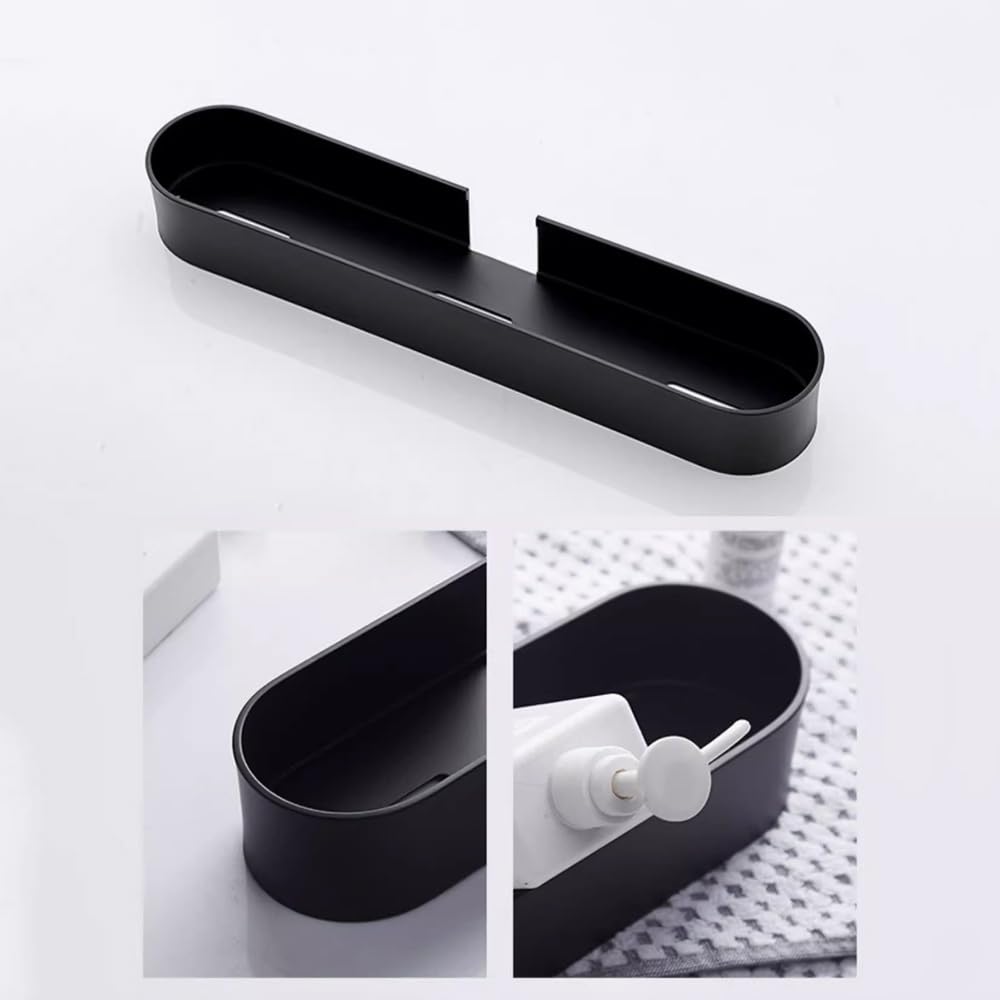 Duschablage, selbstklebend, mit Handtuchstange, modernes Aluminium-Duschregal mit abgerundeten Kanten, schwarzes Badezimmerregal (48 cm) für Küche und Bad, 2 Stück