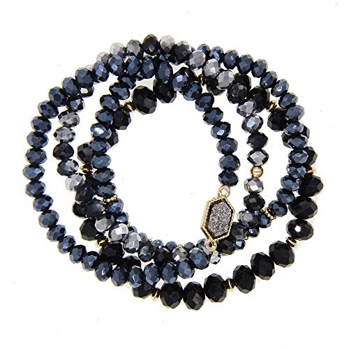 Image of Gold Beaded Bracelet Set, Square Stone Hexagon Druzy Stretch Beaded Stackable Bracelets Bangles
