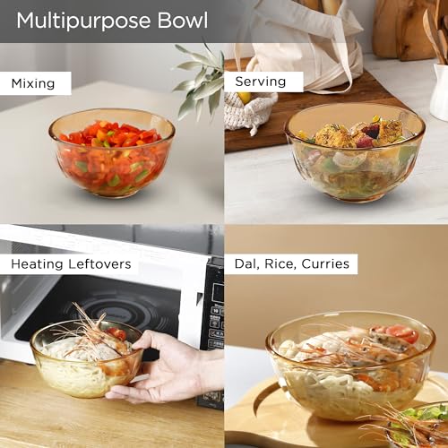 Image of The Better Home Set of 4 Borosilicate Glass Bowls | 420 ml Each | Microwave Safe | Scratch Resistant | Serving & Mixing Bowls for Kitchen | Round | Transparent | Amber
