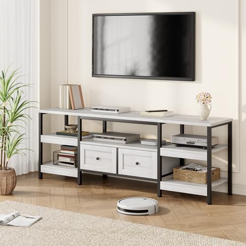 Garvee Industrial TV Stand with 2 Drawers, 79 in Entertainment Center, Fits TVs Up to 85 in, Rustic Style Media Console with Storage Shelves, White - image 7
