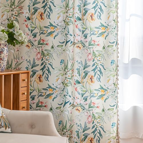 Image of Boho Floral Curtains French Country Farmhouse Curtains 54 Inches Long Light Filtering Window Rod Pocket Drapes for Living Room 2 Panels-Green Floral