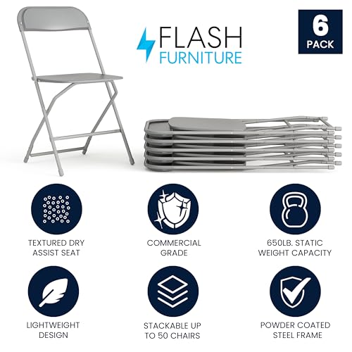 Image of Flash Furniture Hercules Series Plastic Folding Chair - Grey - 6 Pack 650LB Weight Capacity Comfortable Event Chair-Lightweight Folding Chair