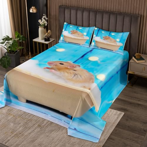 Erosebridal Kids Rat Bedspread Twin Wild Animal Print Quilted for Boys Girls Bedroom,3D Mouse in The Bathtub Coverlet Set Cartoon Wildlife Quilt Set with 1 Pillow Case Blue