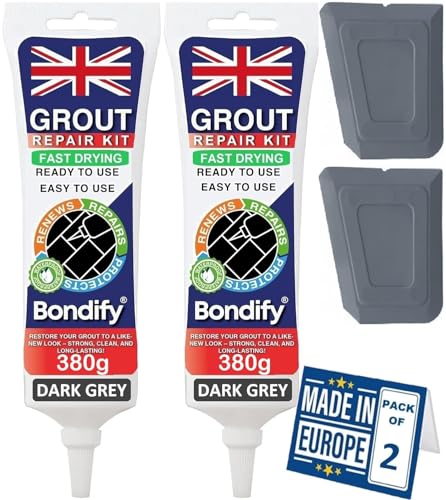 BONDIFY Waterproof Dark Grey Grout Ready Mixed Grout Repair Kit 380g x 2PCs FAST DRYING EXTRA VOLUME Anti Mould Dark Grey Tile Grout for Shower Bathroom Kitchen Quick Drying Tile Gap Filler