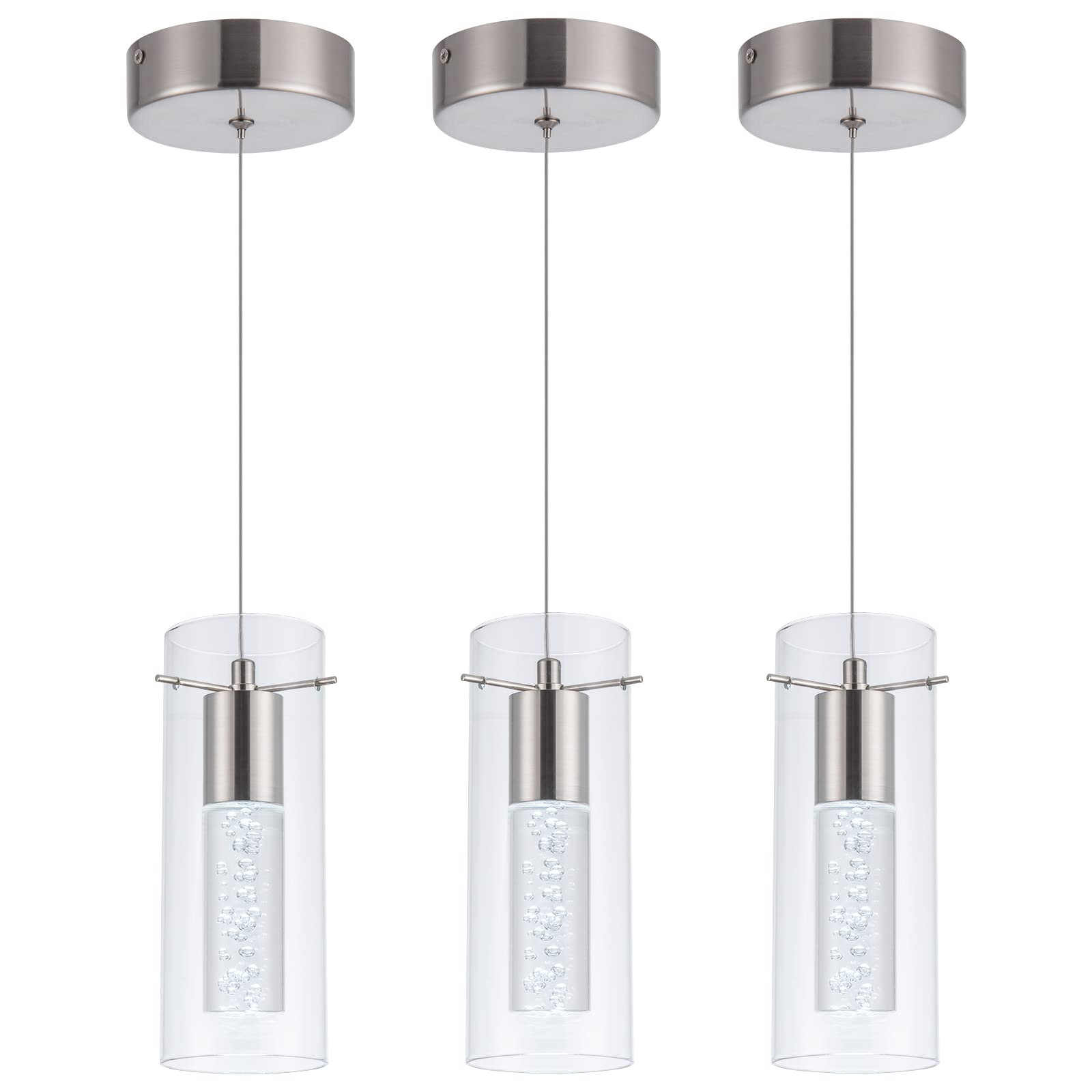 Leadtek 3-Pack Modern Pendant Light,Integrated Kitchen Lighting with Screwed Crystal Bubble Glass 8W, 6000K Light fixtures Ceiling Hanging for Kitchen Restaurant, Dining Room
