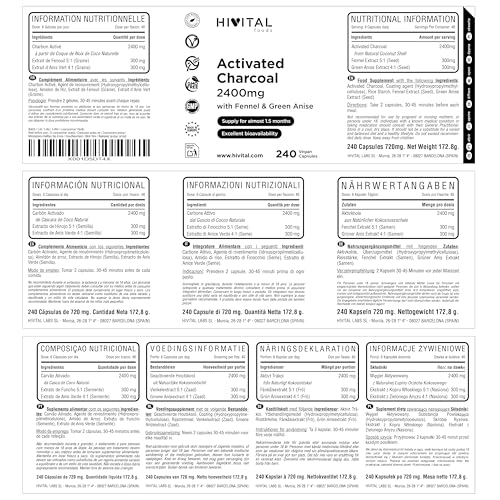 Aktivkohle-Kapseln von Hivital Foods mit 2400 mg pro Tagesdosis