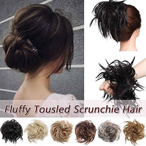 Fluffy Tousled Updo Hair Bun Synthetic Scrunchie Messy Hair Bun Extensions Elastic Donut Chignon Ponytail Hairpiece Rubber Band Wavy Bun Extensions For Women(#4 Black Brown)