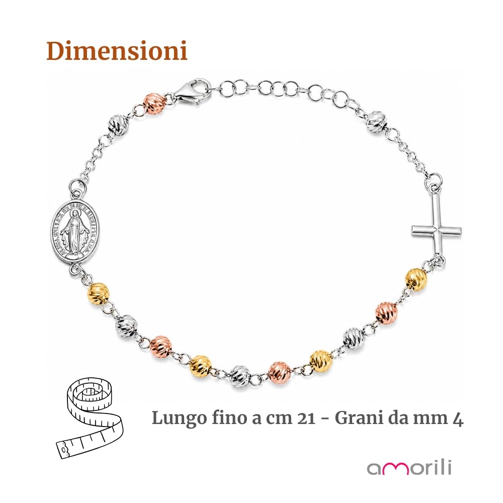 Bracciale Rosario Donna in Argento 925 con Grani Tre Colori Classico Dorato e Ramato – Simbolo Cattolico Cristiano di Fede Religioso – Braccialetto Elegante bcc1200b