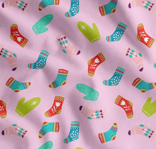 Image of Soimoi Pink Cotton Voile Fabric Socks & Gloves Folk Art Printed Fabric 1 Meter 42 Inch Wide