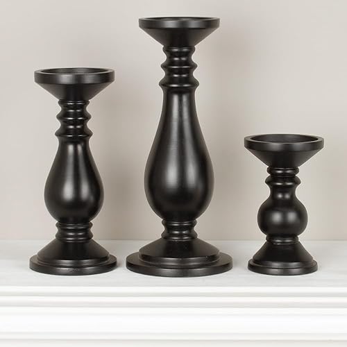 Miniatura 6 de Factory Direct Craft Juego de 3 portavelas de madera negra, soporte para velas de pilar para decoración diaria del hogar y ocasiones especiales (7,