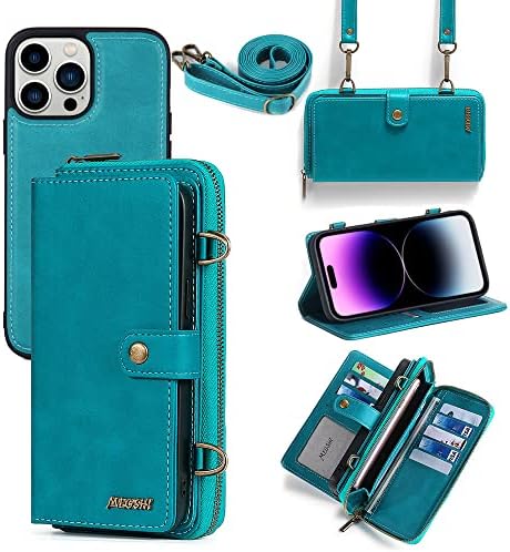 Misscase Compatible with iPhone 13 Pro Max Wallet Case 2021,Multi-Function Wallet Case,2 in 1 Detachable Magnetic Wallet Case with Card Holder,PU Leather Flip Cover with Lanyard,13 Card Slots Blue
