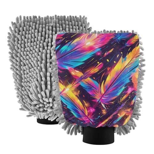 IOACIY Absorbent Microfiber Car Wash Drying Mitts, 2 Pack, Scratch-Free & Lint-Free, Rich Foam, Highly Absorbent, Double Sided, Wash Mitt Perfect for Car Washing, M, Feather (1)