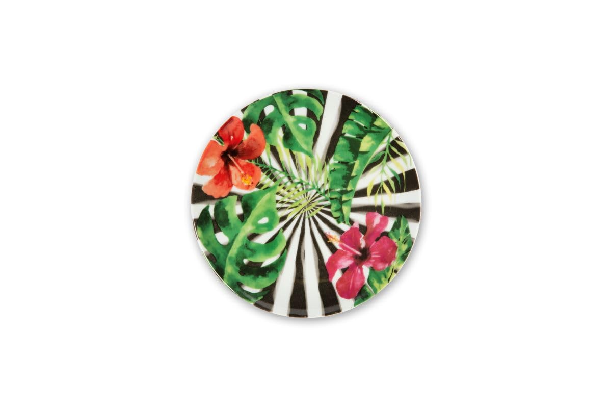 Excelsa Tropical Chic Set 6 Piattini in Porcellana per Aperitivo e Dessert, Decorazioni Tropicali