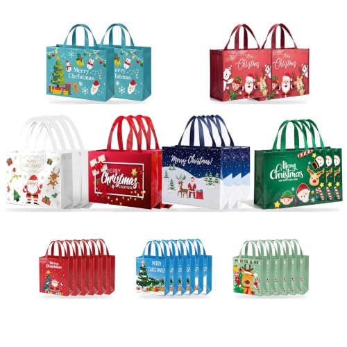 IPQXE 34 Pack Christmas Gift Bags Assorted Sizes- Reusable Tote Bags Non-Woven, Xmas Shopping Bags with Handles, for Christmas Treat Bags, Gifts Wrapping, Xmas Party Supplies 16 Large 18 Small - image 1