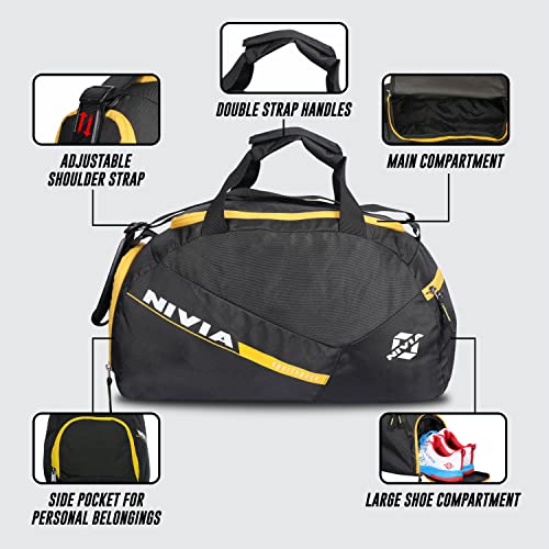 Image of Nivia Sports Space Polyester Gym Bag with Shoes Compartment,Adjustable Shoulder Bag for Men, Duffle Gym Bags for Men,Duffle Bags Travel (Black, Yellow),Capacity-18 litres