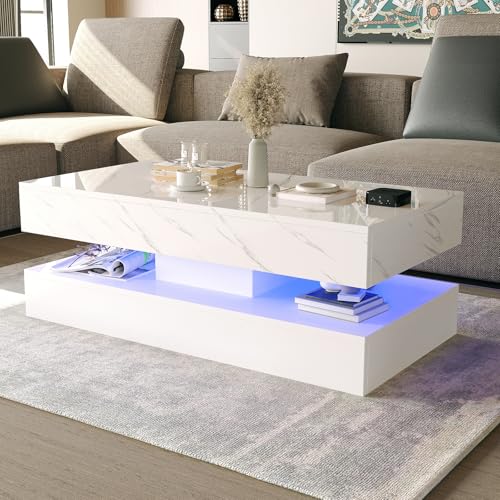 HOMFAMILIA LED Coffee Table with 2 Storage Drawers, Modern High Gloss White...