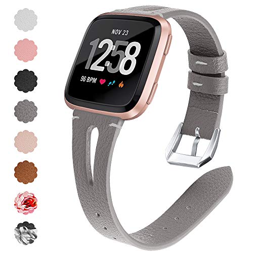 QIBOX Leather Bands Compatible with Fitbit Versa/Versa 2, Slim Vintage Leather Band Replacement Strap Women Man Wristband Accessories Compatible with Fitbit Versa 2 Smartwatch