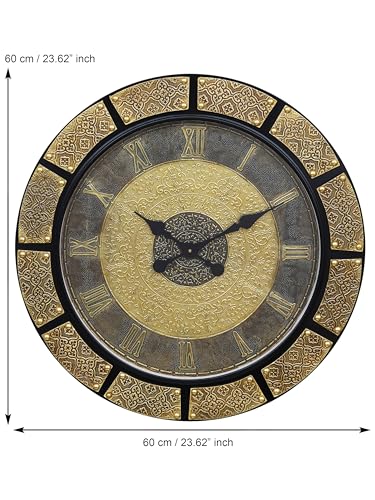 Image of CHRONIKLE Elegance Round Golden Brown Brass Work Wooden Analog Roman Numbers Wall Hanging Clock for Home Office Decor Living Room Bedroom (Size: 60 x 5 x 60 CM | Weight: 5540 Gram)