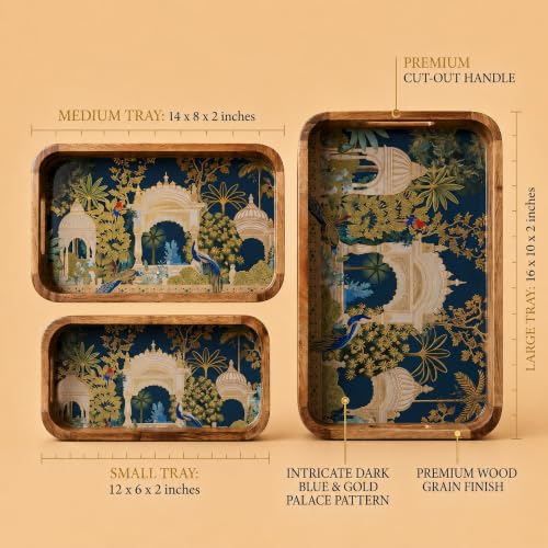 Image of Wooden Serving Tray Set of 3 with Gold Engraving | Rectangular Designer Tray Set | Waterproof | Wooden Tray for Decoration|Wooden Tray Decoration | 16x10, 14x8 & 12x6 Inch (Set of 3)