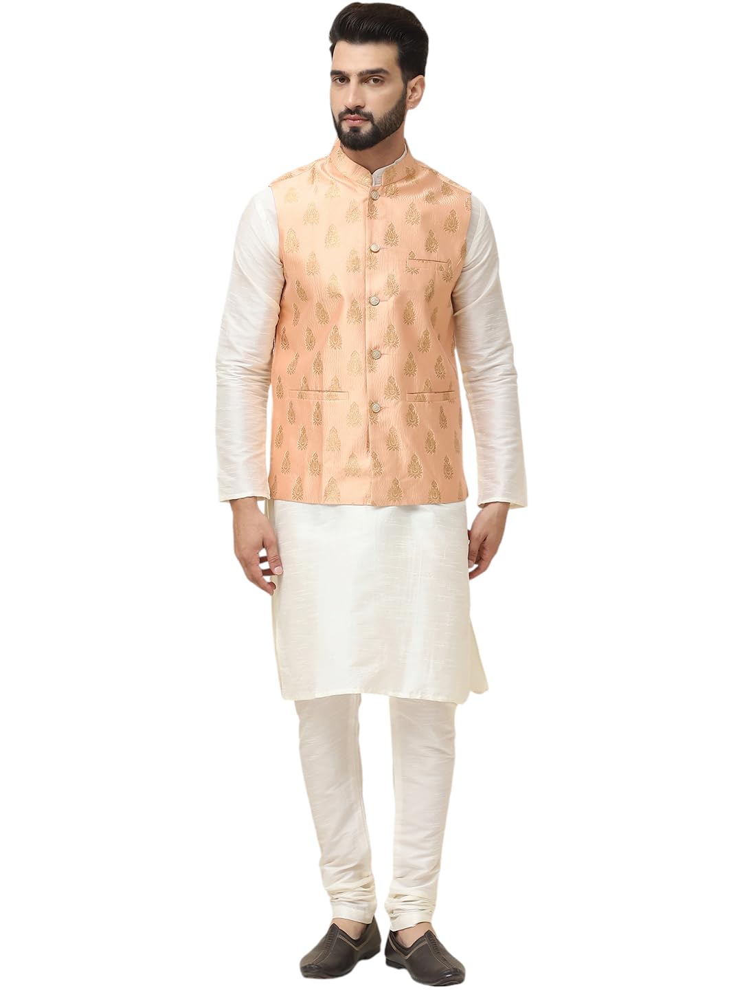 Sojanya (Since 1958 Men's Silk Blend Cream Kurta Pyjama With Peach Nehrujacket Set