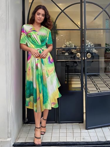 Image of Comfortable Dresses for Women Stretchy Flattering Fit Wrap Dress V Neck Short Sleeve Tie Waist Daily Wear Work Vacation