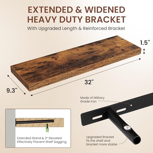 Image of Dreamland 32 Inches Floating Shelves for Wall, 9.3 inch Deep Long Floating Shelves Set of 2, Large Display & Storage Shelf, Wall Shelf for Bathroom Bedroom Living Room Kitchen Office, Rustic Brown