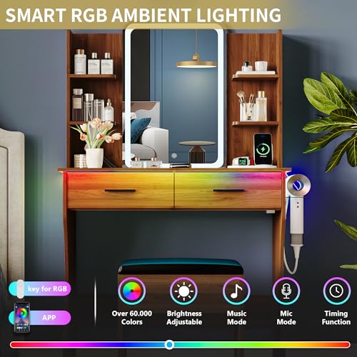 Image of Vanity Desk with LED Lights Mirror & Power Outlet, Small Makeup Vanity Table Set with Storage Drawers & Chair, 3 Lighting Modes & Adjustable Brightness, Dressing Table for Women Girls Bedroom, Walnut