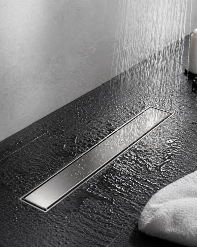 Image of 24 Inch Brushed Stainless Steel Linear Shower Drain | CUPC Certified 2-in-1 Tile Insert for Curbless Showers. 304 Steel, 15.8GPM Flow. Includes Hair Catcher & Adjustable Feet.