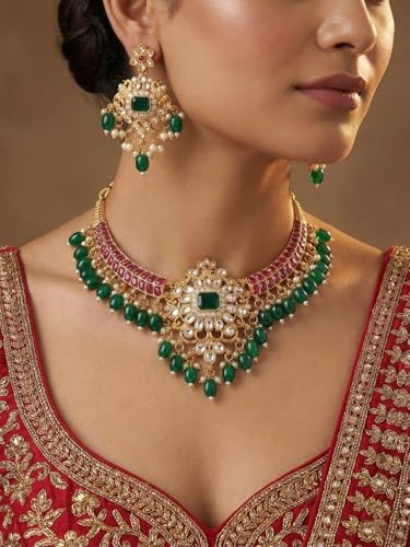 Image of South Indian Traditional Antique Matte Gold Finish Goddess Lakshmi & Peacock Motif Long Necklace Set with Jhumka Earrings for Women | Ethnic Temple Jewellery for Weddings, Brides & Festivals (Green Drops)