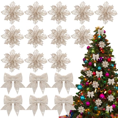 BOFUNX 12 Stück Glitzer Weihnachtsstern Blumen mit 6 Stück Glitzer...