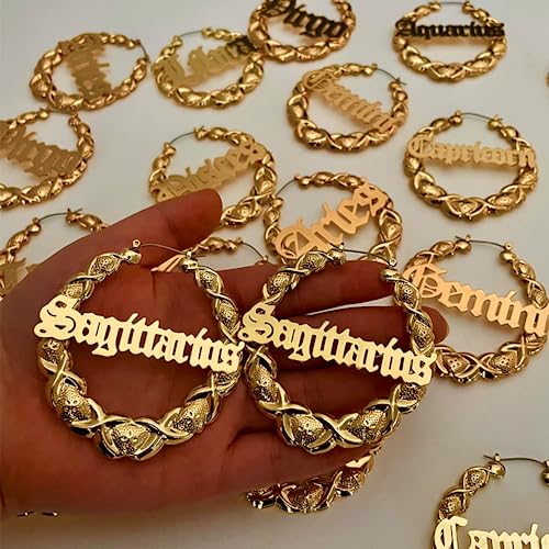 Zodiac Bamboo XOXO Hoop Earrings with Old English Font for Women Girls Astrology Earrings Fashion Jewelry 14K Gold Plated 90's Earrings for Women Hip Hop Style Party Accessory4