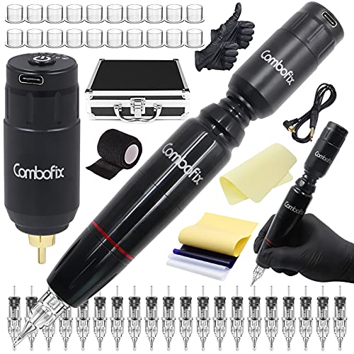 Combofix Tattoo Kit Wireless - Tattoo Machine Kit Wireless Rotary Tattoo Machine Pen Wireless Tattoo Power Supply 20 Tattoo Cartridges Needles Skin Practice Ink Caps for Beginners and Tattoo Artists