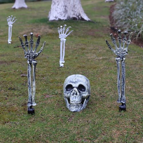 Halloween Skeleton Decorations 3-Piece Set - Realistic Skull Head, Skeleton Hand & Bone Yard Stakes for Outdoor Graveyard, Garden, Haunted House Party Decor (3 Set)