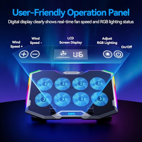 Image of ICE COOREL Gaming Laptop Cooling Pad with 8 Cooling Fans, Laptop Fan Cooler Pad for 15-17.3 Inch, Notebook Cooler Stand with 6 Height Adjustable, RGB Cooling Pad with Two USB Port + Phone Stand