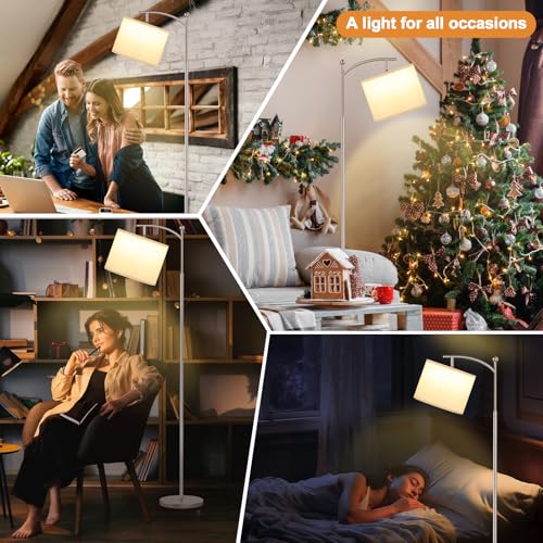 Image of Ambimall 60 inch Floor Lamp for Living Room with 3 Color Temperatures, Adjustable Beige Shade with Light Gold Pole, Tall Lamp for Bedroom Office Classroom Dorm Room, 9W Bulb Included