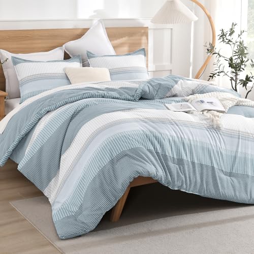 Litanika Light Blue Comforter Full Size Set, 3 Pieces Bedding Set, Blue White Colorblock Stripe (79x90In Comforter & 2 Pillowcases)